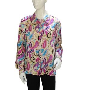 Forenza 100% Silk Paisley Button Down‎ Shirt Y2K Long Sleeve Size 20 Y2K